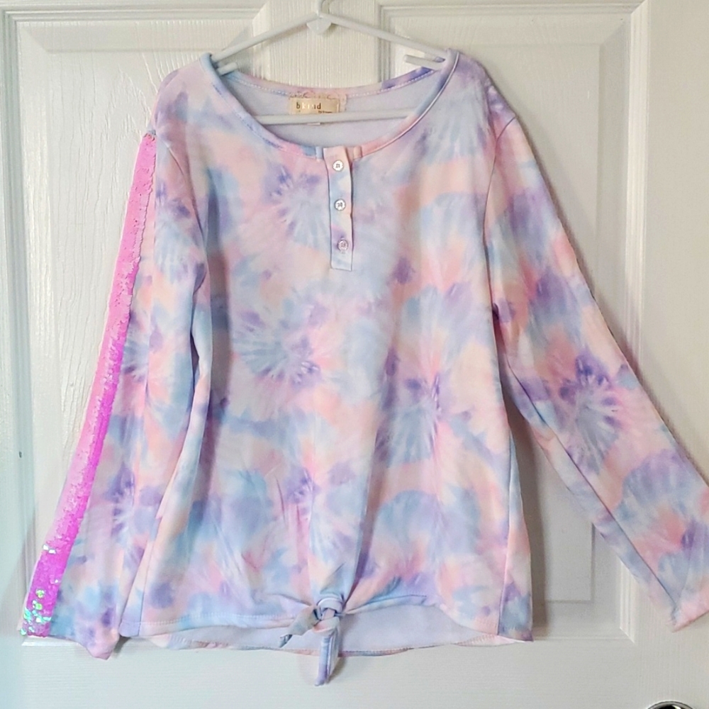 bkind by btween Girls Pastel Tie Dye Henley Pullover Sweater with Sequins - 12